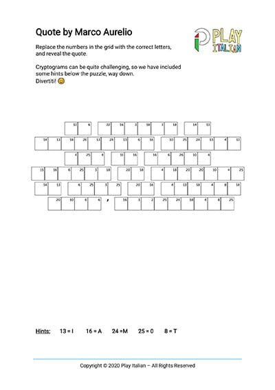 printable italian cryptogram marco aurelio quote