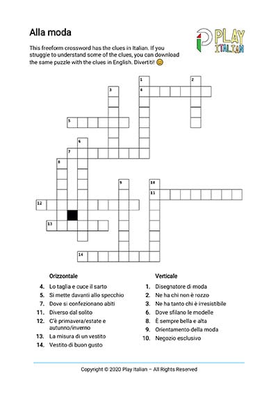 printable italian crossword about fashion