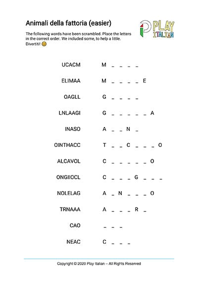 printable italian word scramble farm animals animali della fattoria