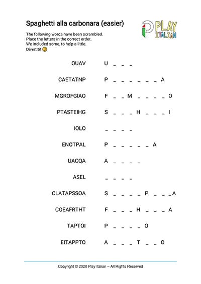 printable italian word scramble about spaghetti alla carbonara