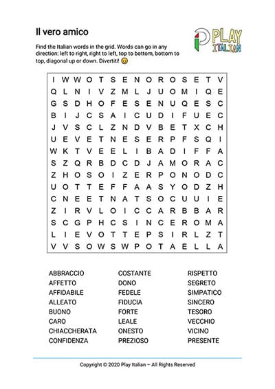 Downloadable Italian word search about friendship