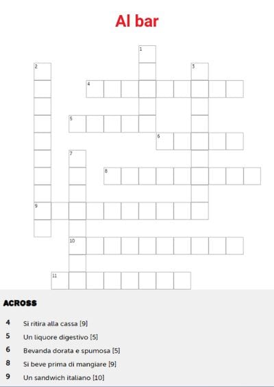 italian online crosswords about being in an Italian bar