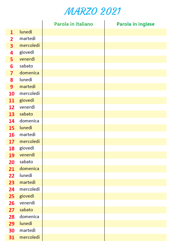 calendar and Italian words