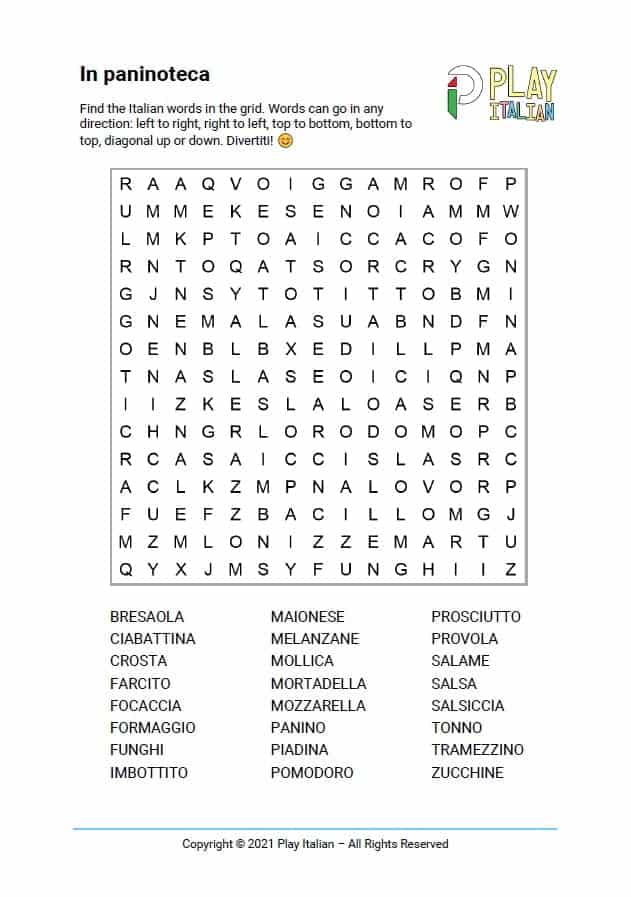 Italian Word Search on sandwiches, panini, ciabattes etc to be used in a bar or coffee shopw