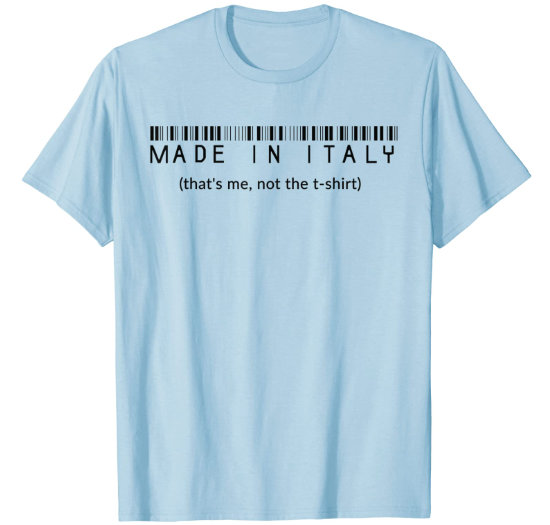 Pale blue man t-shirt featuring the fun text Made in Italy