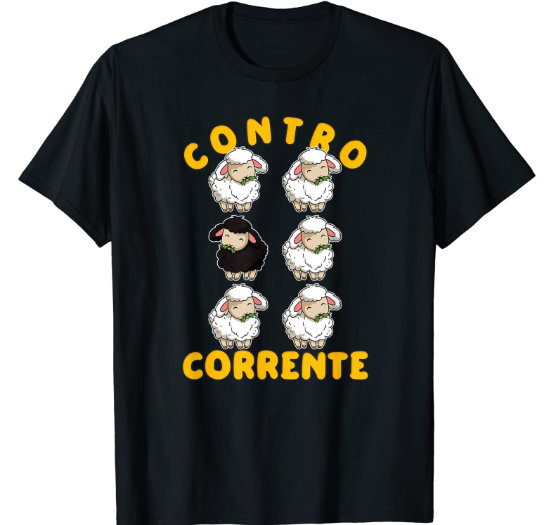 Black t-shirt for guy featuring a black sheep and white sheep