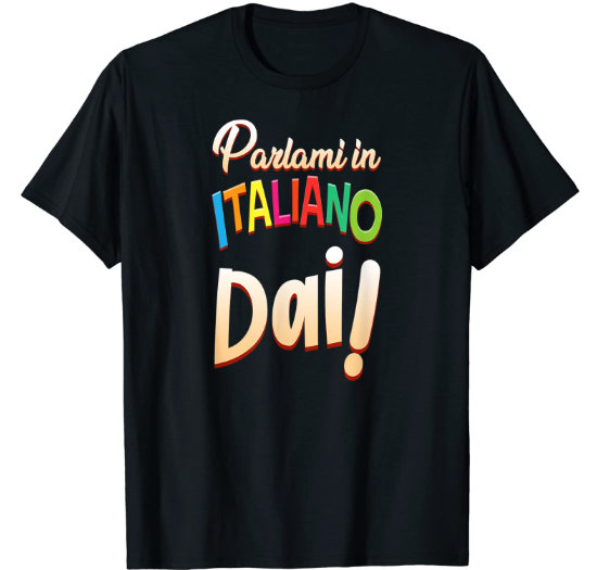 Black t-shirt for man with Italian slogan parlami in italiano