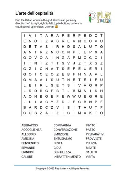 Italian hospitality word search
