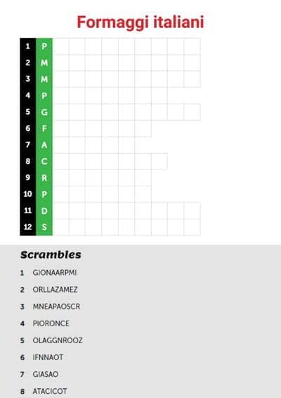 Italian cheeses word scramble