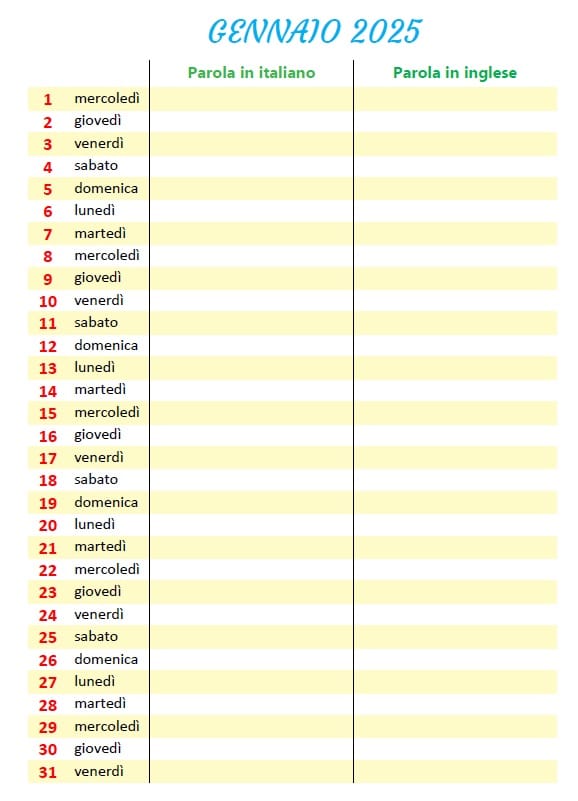 Italian word calendar 2025