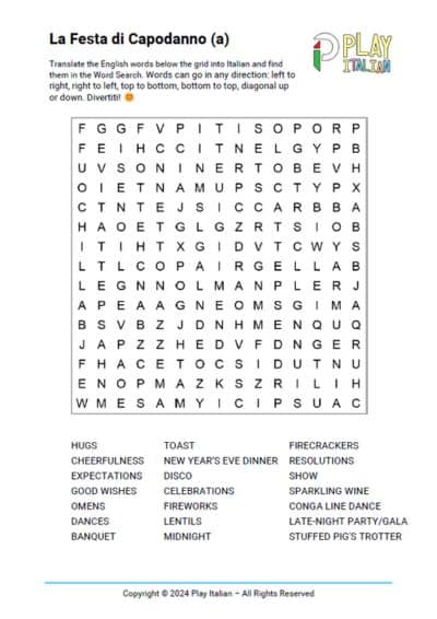 Printable Italian word search puzzle La Festa di Capodanno featuring New Year's Eve vocabulary including spumante, brindisi and cenone
