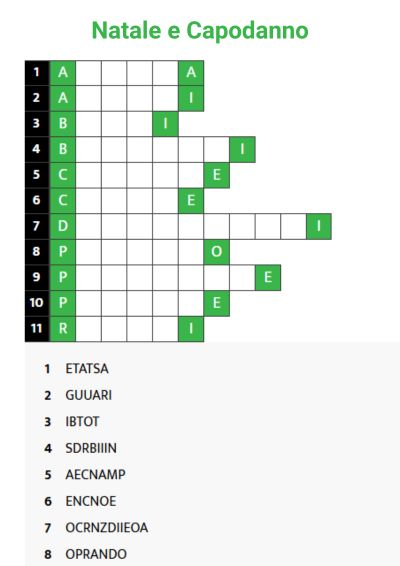 Festive Italian word scramble with Christmas and New Year vocabulary