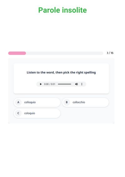 Italian spelling audio quiz with uncommon words that sound similar in English and Italian