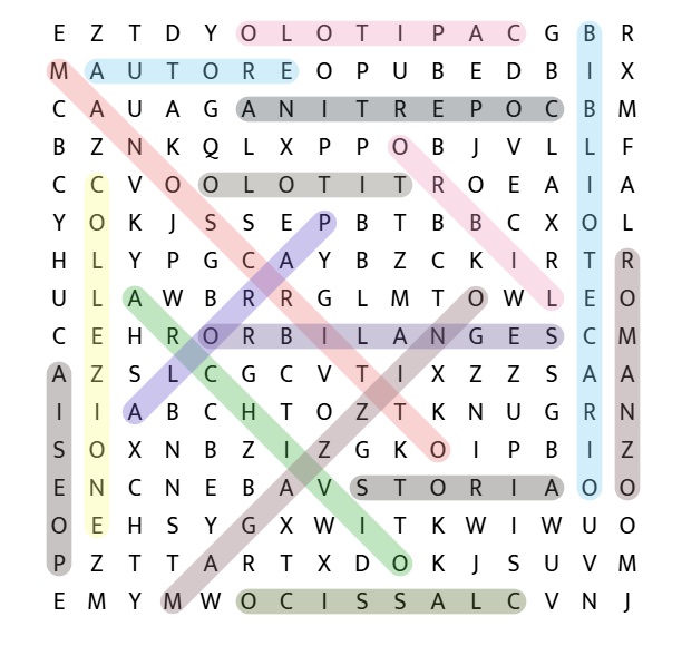 Solution to the online Italian word search 'In Biblioteca', showing all 16 library-themed words highlighted across the letter grid.