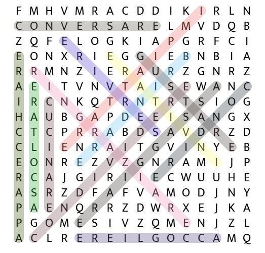 Solved online Italian word search 'Un pranzo in famiglia', all 14 words highlighted in the grid.