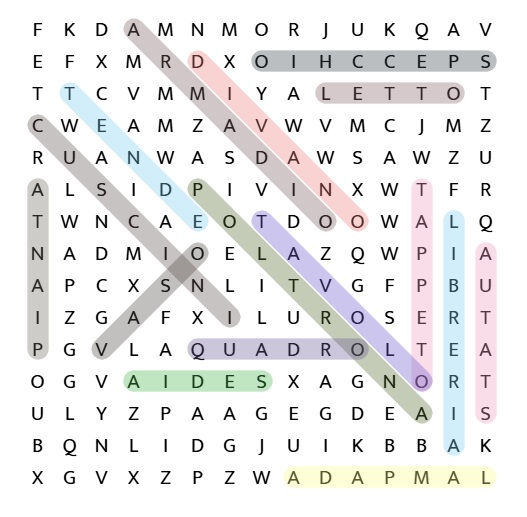 Solved online Italian word search 'Arredamento', all 16 words highlighted in the grid