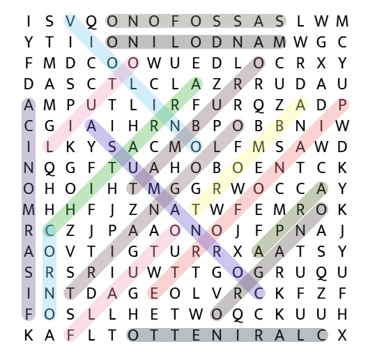 Solved online Italian word search 'Strumenti musicali', all 16 words highlighted in the grid, musical instrument vocabulary theme