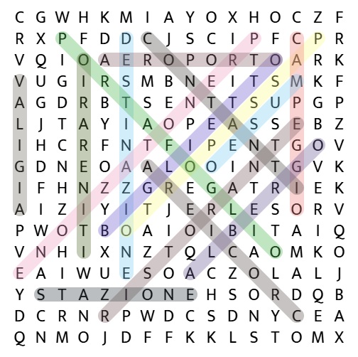 Solved online Italian word search 'Andiamo in vacanza', all 15 words highlighted in the grid