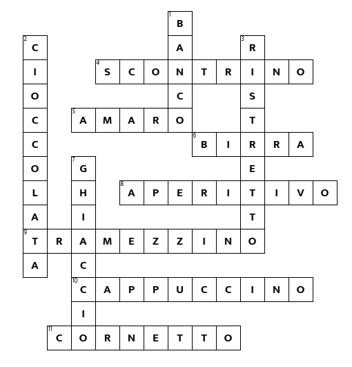 completed Italian crossword grid for Al bar showing café and bar vocabulary solutions