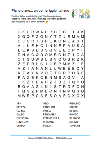 Preview of the printable Italian word search "Un Pomeriggio Italiano", featuring everyday vocabulary inspired by slow Italian summer afternoons.